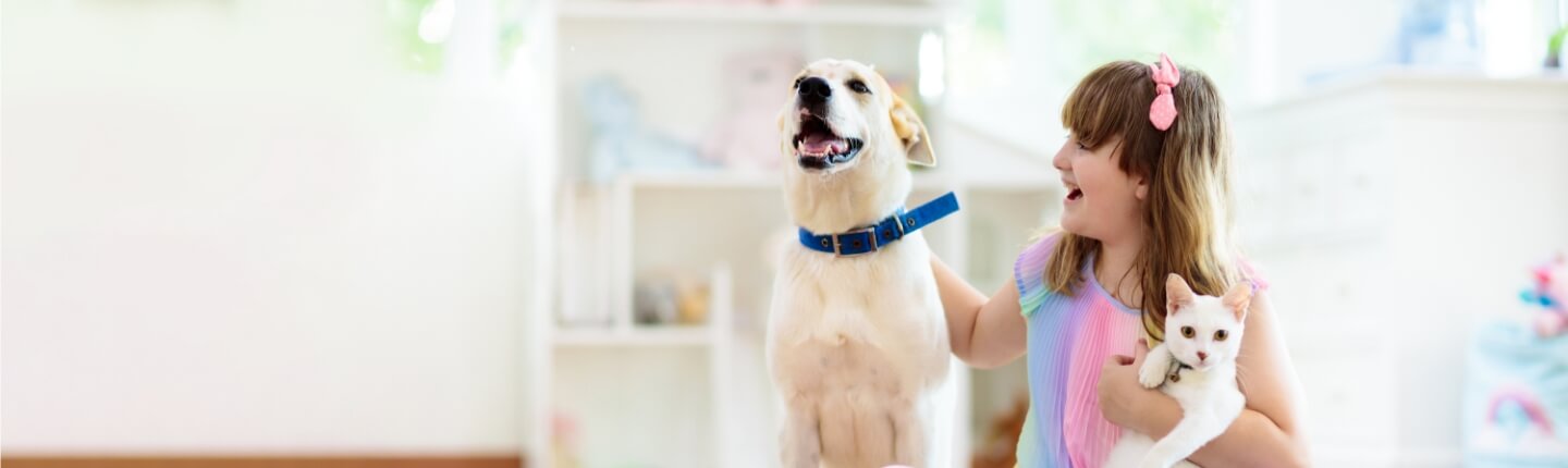 A happy girl pets her dog and her cat | Healthy Habits for New Pets